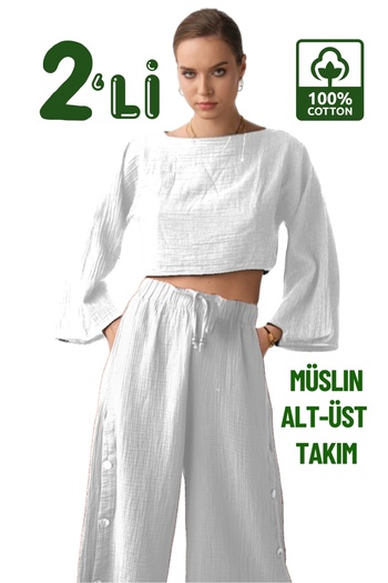 clavia Muslin Two-Piece Summer Suit, High Waist Wide Leg Pants, Spanish Sle Crop Bustier, Bottoming Top Set