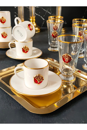 REGNA HOME Fine Living Love Roses 18 Piece Porcelain Coffee Cup Set with 6 Gilded Glasses