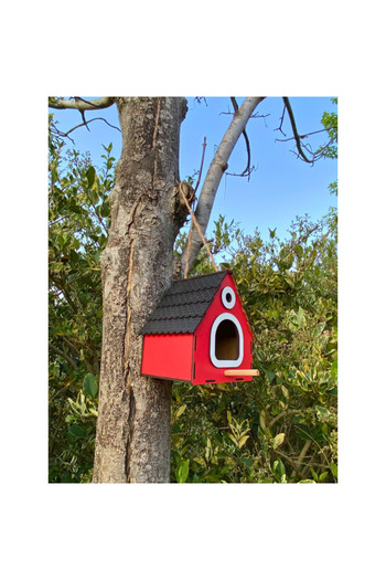 WoodenZoo Wooden Decorative Bird House Nest, Nest, Balcony, Garden Accessory (Red 14X12X18 cm)