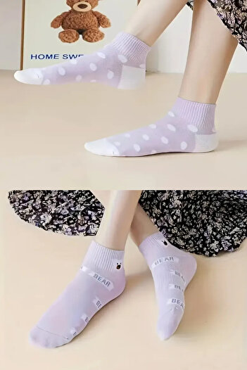 Esinti 5 Pairs Women's Ankle Length Purple Colored Teddy Bear Patterned Cute Booties Socks Set 5 Pieces