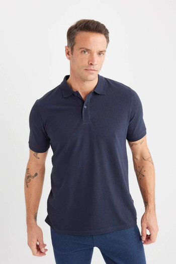 DeFacto Regular Fit Plain Pique Fabric Navy Blue Men's Polo Neck T-Shirt C1293Ax/Nv71