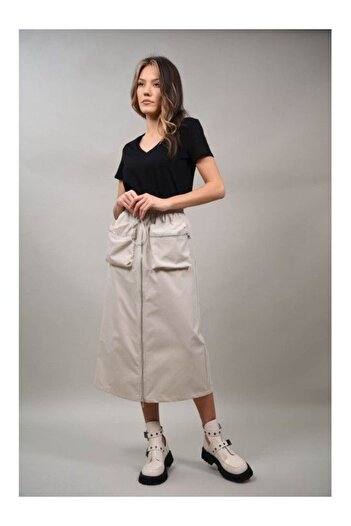 LUMİNA Positano Ivory Zippered Skirt with Patch Pockets S-m