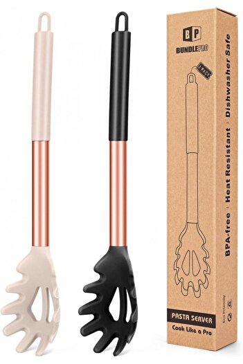 Bundlepro Set of 2 BUNDLEPRO pasta spoons, stainless steel/silicone, rose gold/white/black, 34 x 5.8 cm