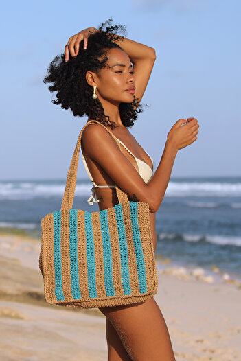 Green Petition Marla Laguna, Paper Rope (Rafi̇a), Hand Knitted, Cabana Patterned, Beach Bag.