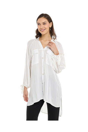 R&B Solid Shirt Tunic with Puff Sleeves