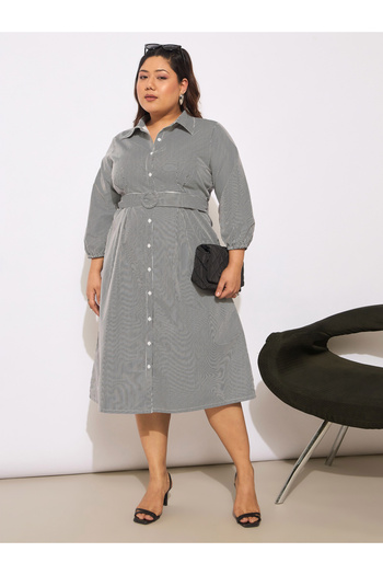Sassafras By Styli Plus Size Striped Belted Midi Shirt Dress