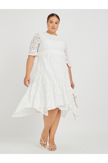 Styli Plus Size Lace High Neck Asymmetric Hem A-Line Midi Dress