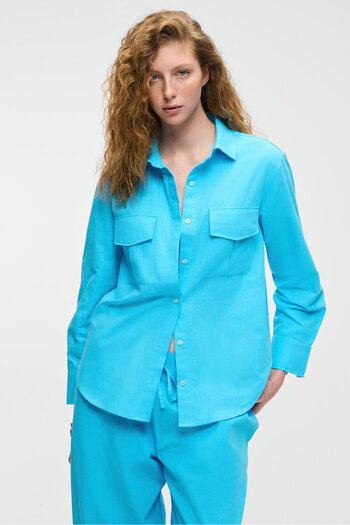 GRIMELANGE Rigo Women Shirt Collar Long Sleeve Regular Long Slim Blue Shirt