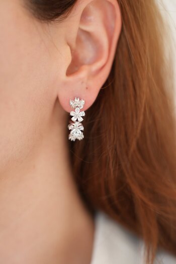Ladies&Gentlemen Silver Color Steel Earrings with Flower Detail Zircon Stone Detail