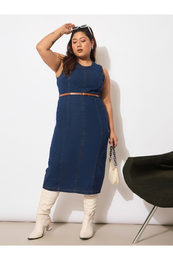 Sassafras By Styli Plus Size Denim Sleeveless Belted Bodycon Midi Dress