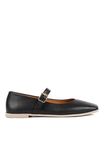Celal Gültekin Women's Black Banded Blunt Toe Leather Ballerinas