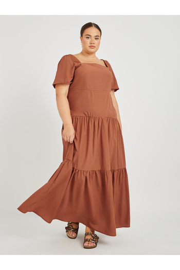 Styli Plus Size Puff Sleeve Square Neck Tiered Maxi Dress