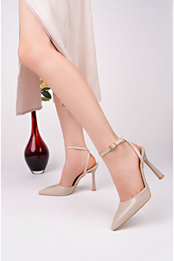 pasyone Beige Patent Leather Women's Daily Stylish Heeled Shoes