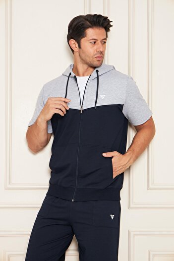 TRENDHİLL Men's Cotton Hooded Capri Suit Gray / Navy Blue 7501-G.L.