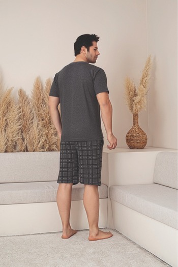Huq Moda Erkek Antrasit Şortlu Kısa Kollu Ekose Penye Pamuklu Kumaş Mevsimlik Pijama Takımı