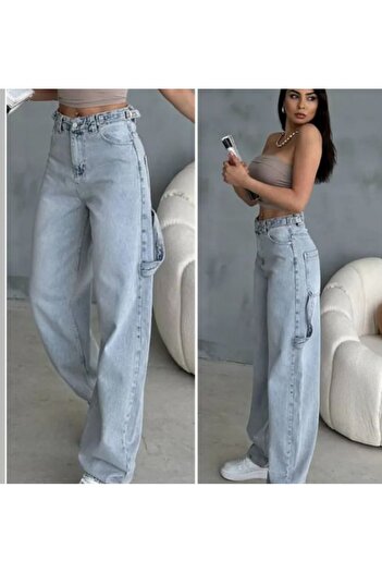 LAMİRAMOOD Light Blue Super Baggy Jean Pants with Epaulettes Double Belt Adjustable Wide Leg Super High Waist