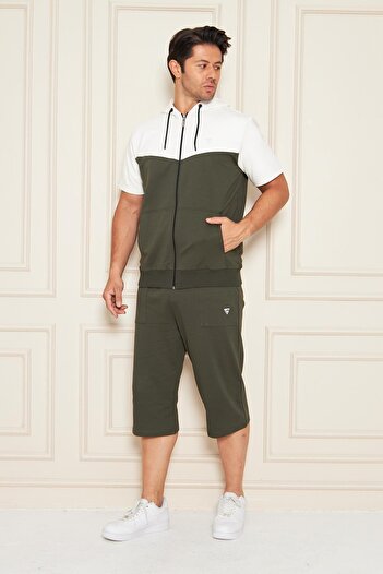 TRENDHİLL Men's Cotton Hooded Capri Suit Ecru / Khaki 7501-E.H.