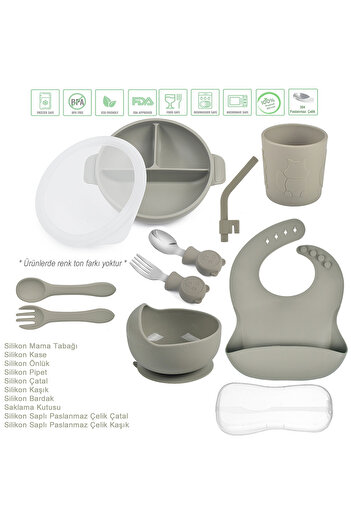 jojobebek Gray Silicone Feeding Set - Food Plate, Bowl, Straw, Bib, Fork-Spoon, Cup