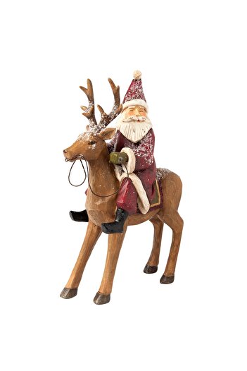 Clayre & Eef Santa Claus Figurine with Reindeer Polyresin Red Cream 20x7x26 cm