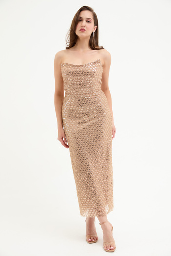 Lafaba Women's Gold Strapless Beaded Midi Evening Dress Elibse