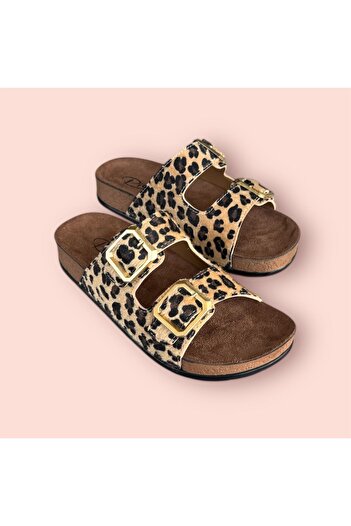 pien Women's Leopard Pattern Double Buckle Ultrasoft Soft Orthopedic Sole Beach Daily