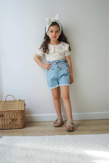 Elidabutik Collar Flower Embroidery Shorts Suit
