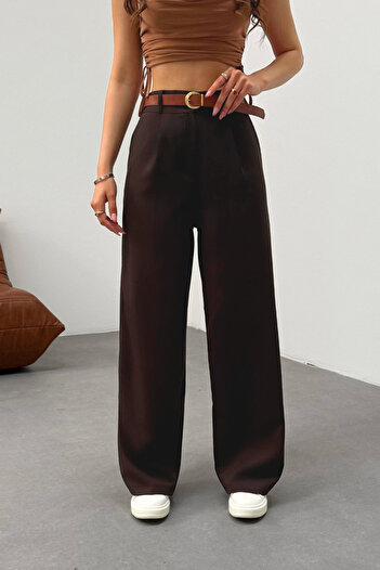 BİKELİFE Women's High Waist Belt Detailed Elastic Waist Loose Palazzo Fabric Trousers