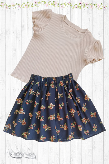MODA59 Girl's Skirt Suit, Skirt T-Shirt Suit, Floral Skirt Twill Ecru T-Shirt