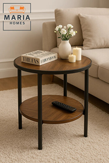 MARIA HOMES Round Wooden Side Table with Shelf – Herringbone Pattern & Black Frame