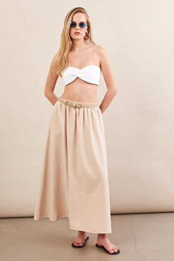Cool & Sexy Women's Stone Linen Pocket Midi Skirt Rsp4440