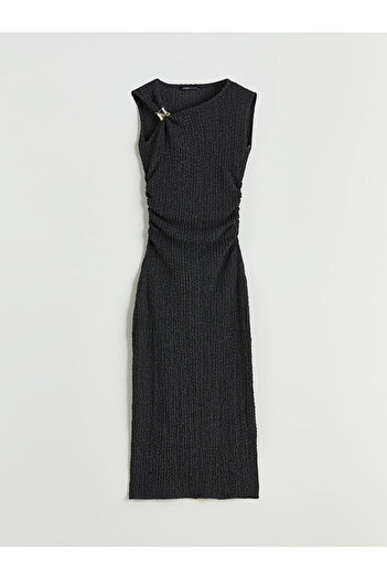 LC Waikiki Lcwaikiki Classic Anthracite Crew Neck Shirred Bodycon Dress S5Qv11Z8Nvy25