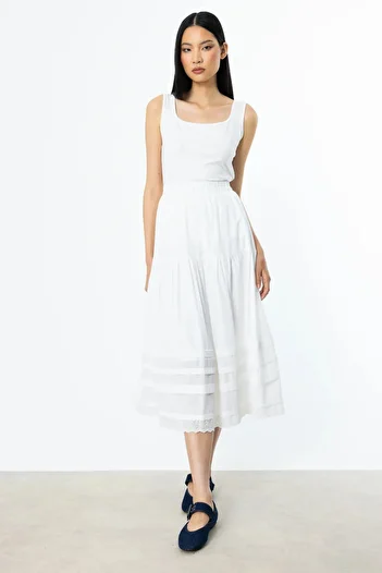 Ekol Women's Elastic Waist Lace Detailed Skirt 1552 Ecru