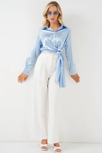LE CARAMBOLE Women's Blue Tie-Up Long Sleeve Satin Shirt
