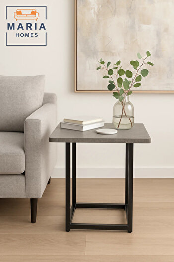 MARIA HOMES Square Stone-Texture Side Table with Black Metal Frame