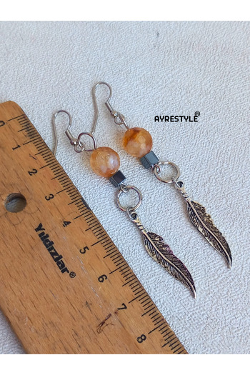 ayrestyle Silver Color Dangle Women's Earrings with Citrine and Hematite Stone Eagle Feather Detail