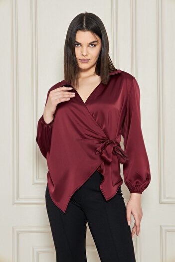 happinice Women's Red Double Breasted Side Tie Satin Blouse Shirt