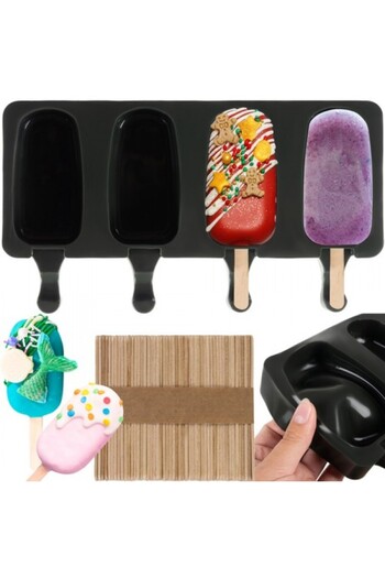 zola Silicone ice cream mold set, 4 cavities + 50 wooden sticks, 25.5x15x2.5 cm, black