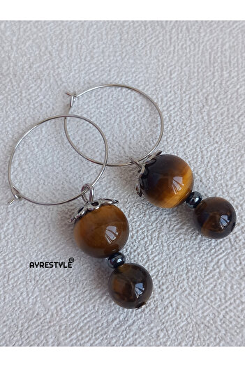 ayrestyle Stylish Women's Earrings with Tiger Eye and Onyx Stone Silver Color Dangle Hoop