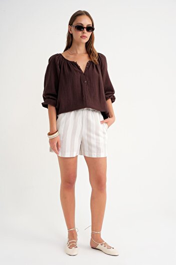 Mixray 4707 Women's Gathered Collar Sleeve Elastic Loose Muslin Blouse Brown