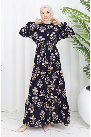 sefamerve Φόρεμα με μοτίβο με μισό κουμπί 2052-02 Navy Blue