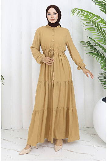 sefamerve Viscose Fabric Half Button Dress 0085-07 Milky Coffee