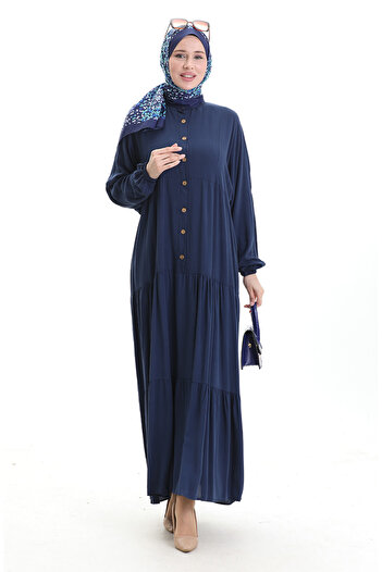 sefamerve Judge Collar Half Button Dress 0090-04 Navy Blue