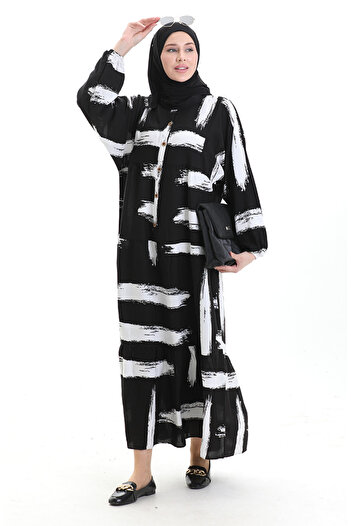 sefamerve Half Button Pattern Dress 2069-03 Black and White
