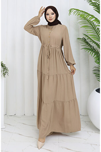 sefamerve Viscose Fabric Half Button Dress 0085-05 Mink