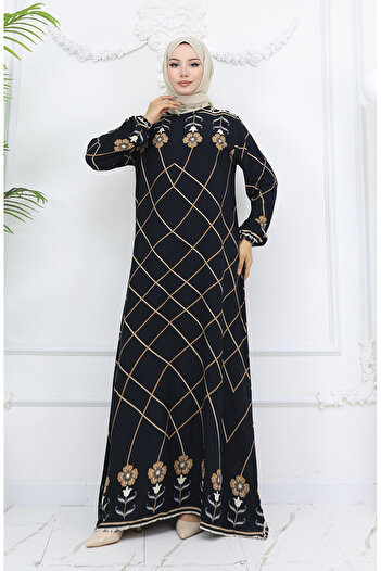 sefamerve Viscose Fabric Sleeve Elastic Dress 0030-03 Black Mink