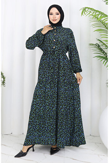 sefamerve Patterned Dress with Elastic Sleeves 2057-02 Black