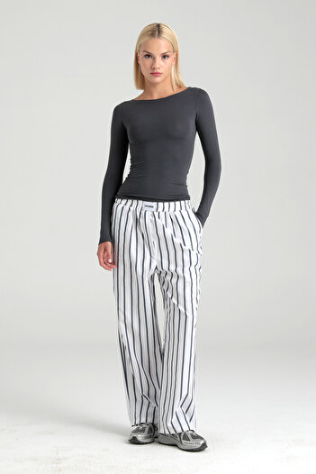 SHEISMONO Poplin Striped Elastic Waist Trousers White
