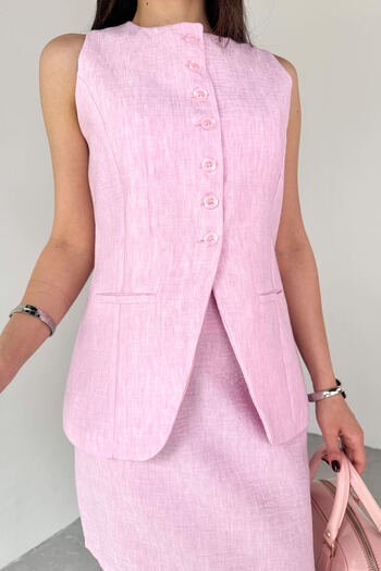 Cappmoda Tkm-13313 Powder Modern Fit Buttoned Vest & Zipper Detailed Mini Skirt Linen Double Suit