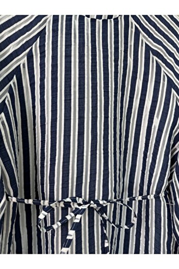 Modamorfo Balloon Sleeve Waist Lined Striped Tunic - Navy