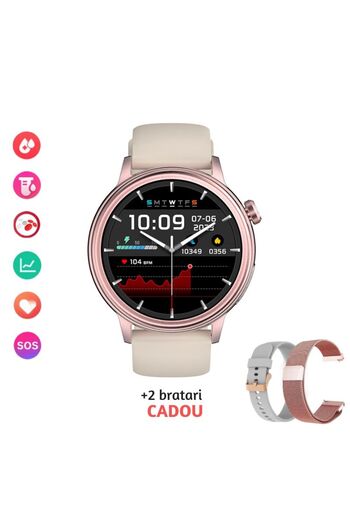 Lommad ® Smartwatch, 1.39" Display, Uric Acid Monitoring, Blood Sugar, Blood Pressure, Beige-Pink
